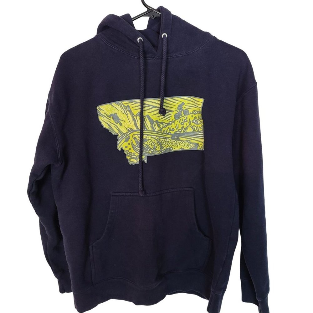 Teton Mens M Navy Blue Graphic Long Sleeves Pullover Hoodie Sweatshirt Pockets